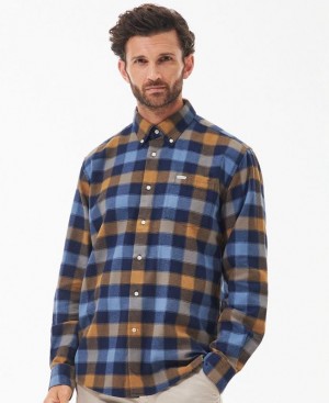 Blue / Brown Men Barbour Damfield Regular Shirts | US-8362IMZRB