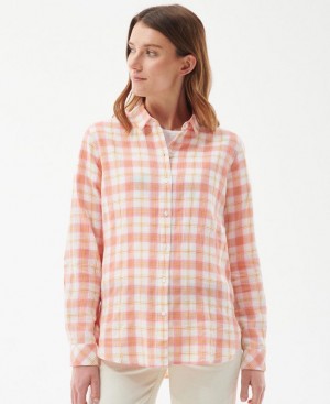 Coral / White Women Barbour Shoreline Shirts | US-0789OYXLJ