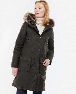 Dark Olive Women Barbour Stavia Waxed Jacket | US-7614RISMJ