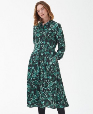 Green / Black Women Barbour Yarrow Midi Dress | US-5621TCKQS