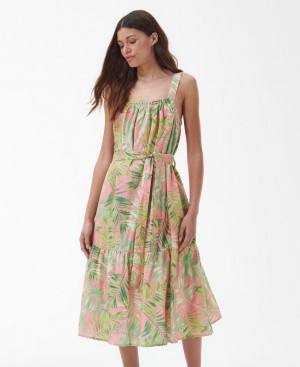 Green / Coral Women Barbour Papyrus Midi Dress | US-8906FXSGL