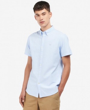 Light Blue Men Barbour Oxford Short Sleeve Tailored Shirts | US-3698XNAKU