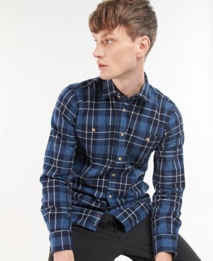 Navy Men Barbour Baysbarn Shirts | US-2918ILVPE