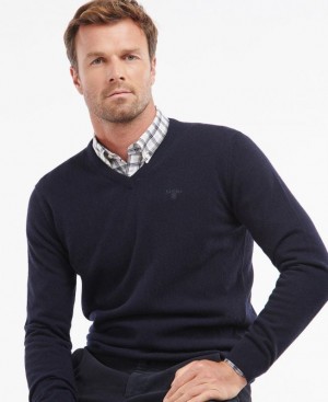 Navy Men Barbour Essential Lambswool V Neck Sweater | US-6035ZQIKT