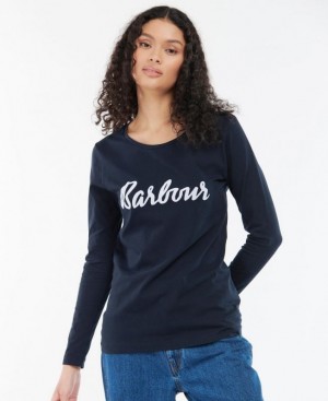 Navy Women Barbour Otterburn Long-Sleeve T-Shirts | US-1032BUKNZ