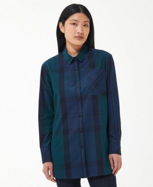 Navy / Green Women Barbour Perthshire Shirts | US-9165VZCID