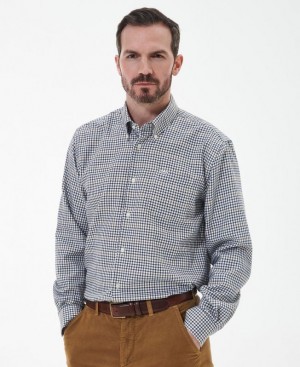 Navy / White / Grey Men Barbour Henderson Thermo Weave Shirts | US-2194FQUJA