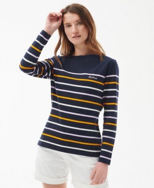 Navy / White / Yellow Women Barbour Hawkins Blouses | US-7025MFPJE