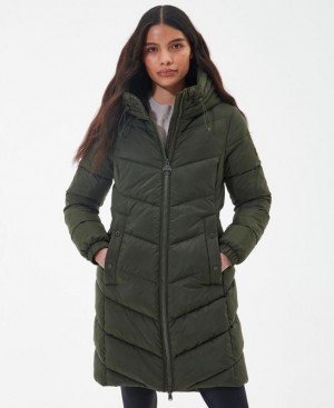 Olive Women Barbour International Boston Longline Quilted Jacket | US-5096GBSTJ