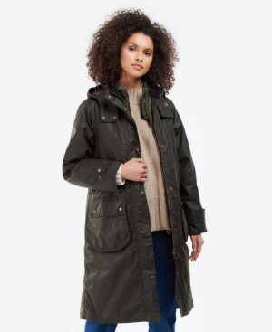 Olive Women Barbour Long Cannich Waxed Jacket | US-3147KBVHQ