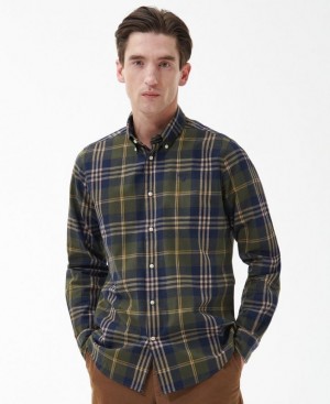 Olive / Navy Men Barbour Edgar Tailored Shirts | US-1065MVTHQ