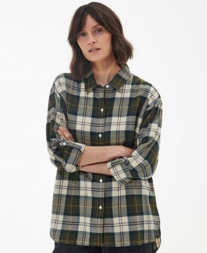 Olive / White / Navy Women Barbour Elishaw Relaxed Shirts | US-7159WFVRE