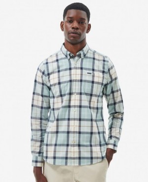 Turquoise / White Men Barbour Rawley Tailored Shirts | US-5289MFIDY