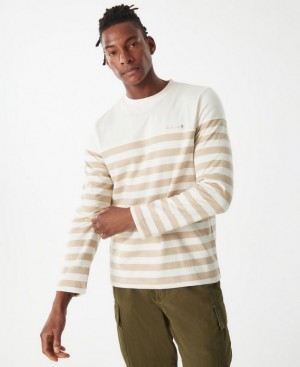 White / Beige Men Barbour Firthmoor Stripe Crew Sweatshirt | US-5840OBJEU