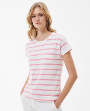 White / Rose Women Barbour Otterburn Stripe T-Shirts | US-3291KLGNO