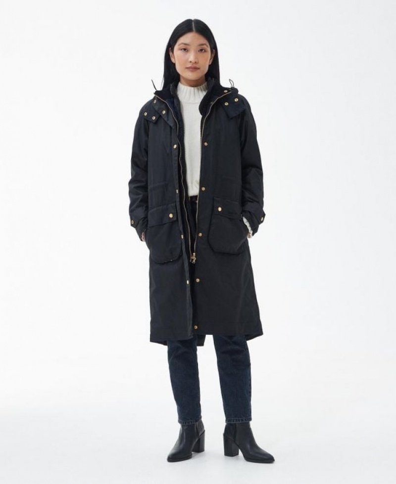 Black Women Barbour Long Cannich Waxed Jacket | US-6914SZJMA