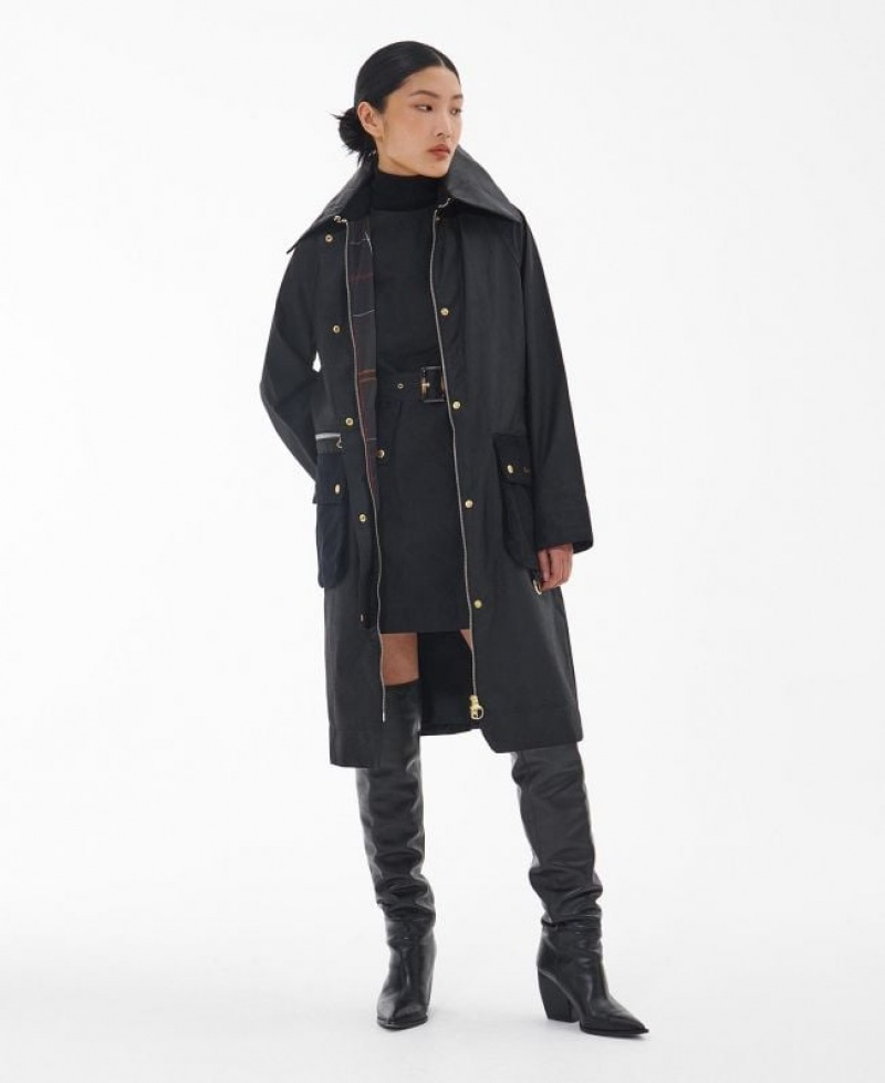 Black Women Barbour Premium Townfield Waxed Jacket | US-5279SXYWJ