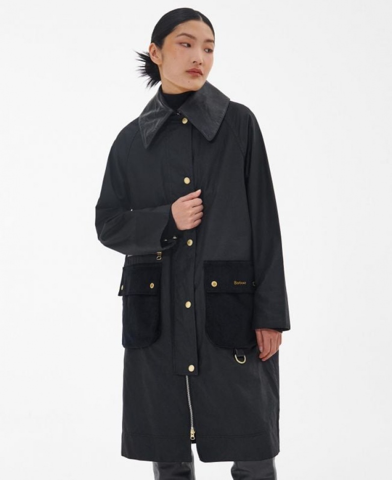 Black Women Barbour Premium Townfield Waxed Jacket | US-5279SXYWJ