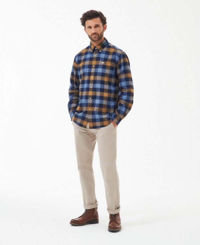 Blue / Brown Men Barbour Damfield Regular Shirts | US-8362IMZRB