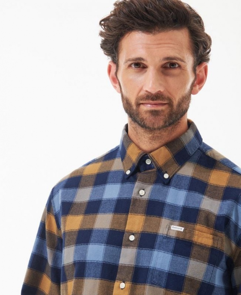 Blue / Brown Men Barbour Damfield Regular Shirts | US-8362IMZRB