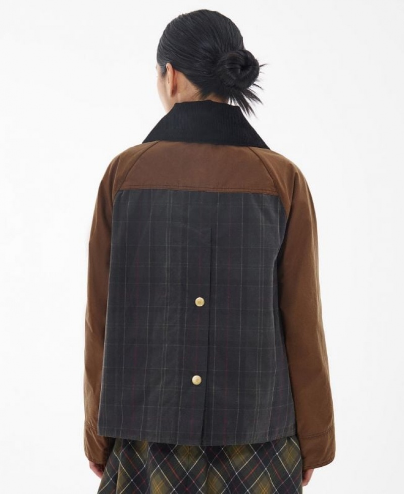 Brown / Navy Women Barbour Premium Catton Spey Waxed Jacket | US-9027SPGCV