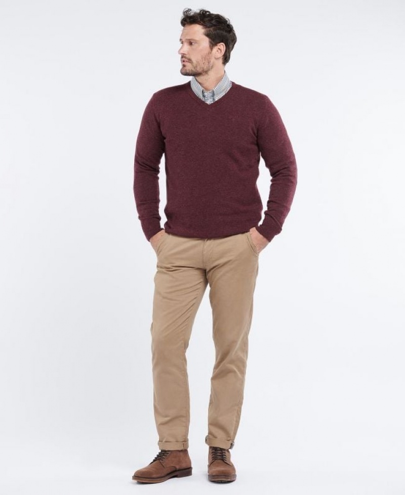 Burgundy Men Barbour Essential Lambswool V Neck Sweater | US-6834XWRZE