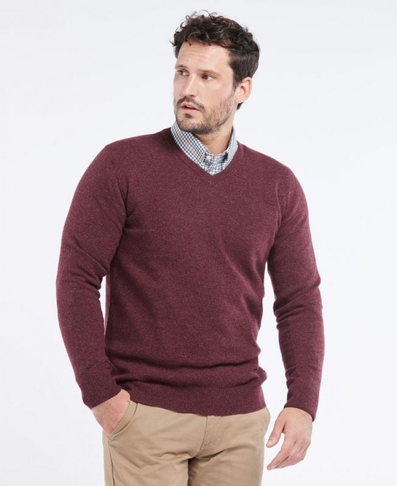 Burgundy Men Barbour Essential Lambswool V Neck Sweater | US-6834XWRZE