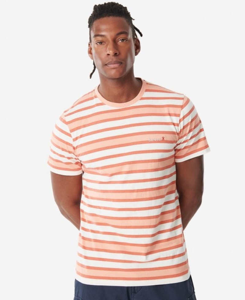 Coral / White Men Barbour Crundale Stripe T-Shirts | US-7692GKADQ