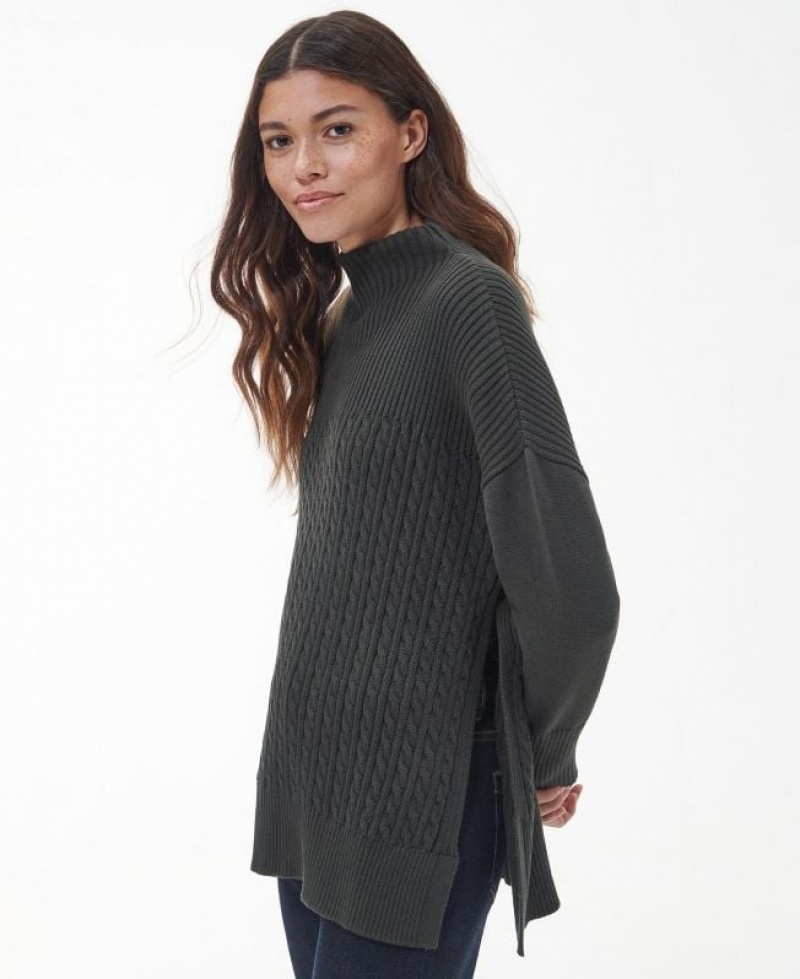 Dark Green Women Barbour Stitch Guernsey Cape Sweater | US-7061JAXEK