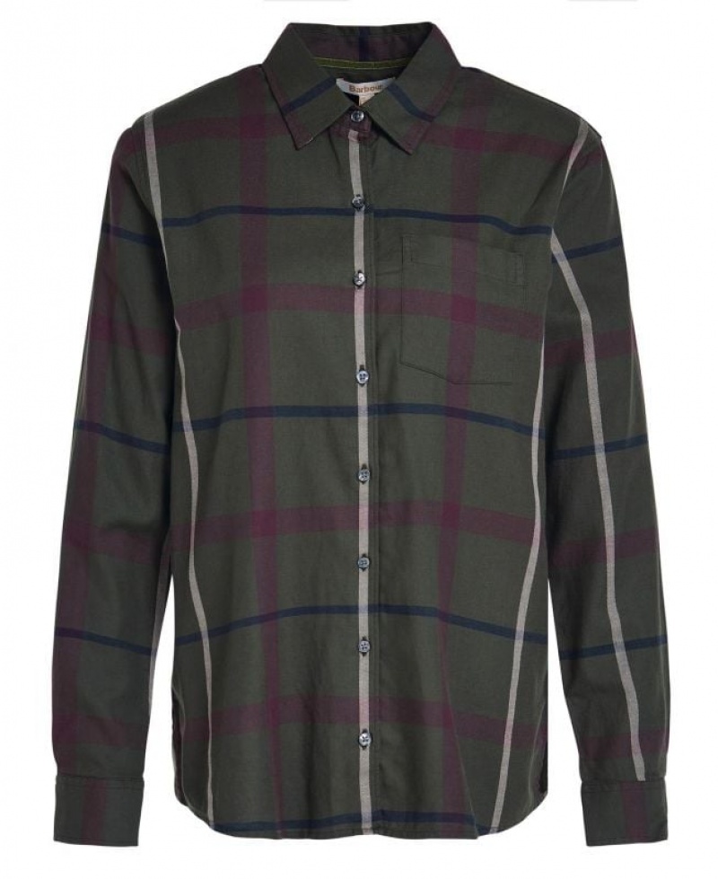 Dark Green / Burgundy Women Barbour Oxer Check Shirts | US-7943ZFEIX