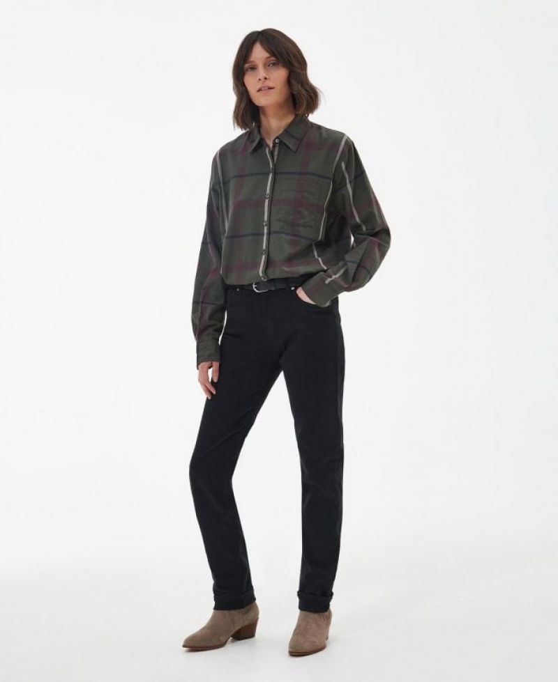 Dark Green / Burgundy Women Barbour Oxer Check Shirts | US-7943ZFEIX