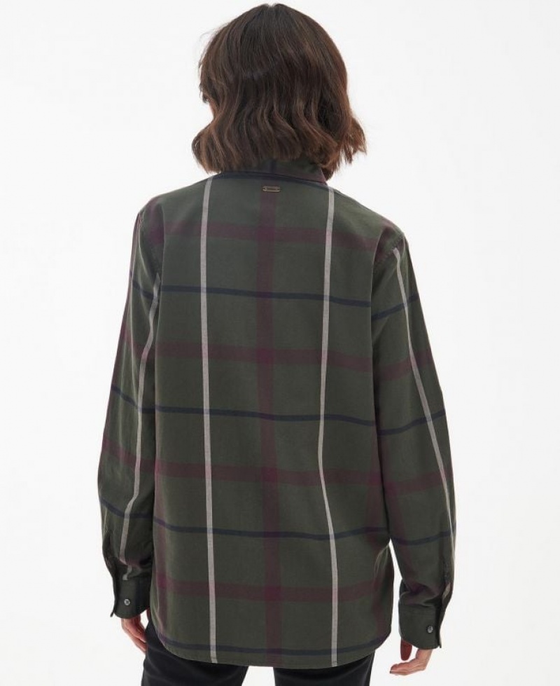 Dark Green / Burgundy Women Barbour Oxer Check Shirts | US-7943ZFEIX