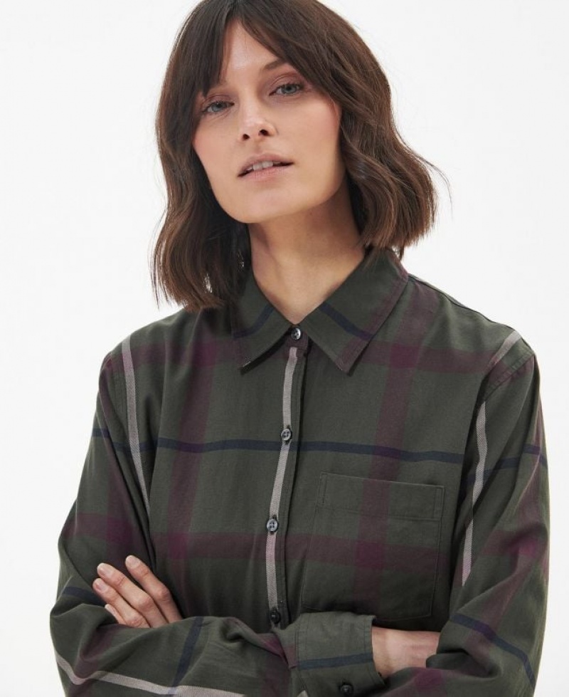 Dark Green / Burgundy Women Barbour Oxer Check Shirts | US-7943ZFEIX