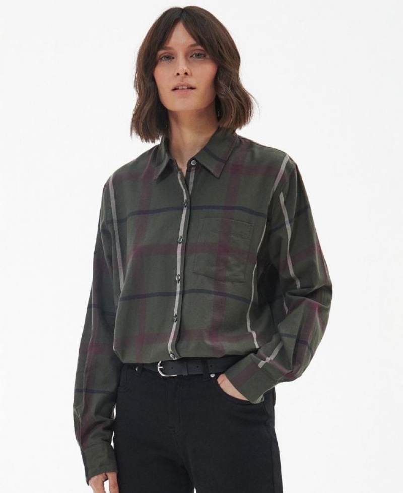 Dark Green / Burgundy Women Barbour Oxer Check Shirts | US-7943ZFEIX