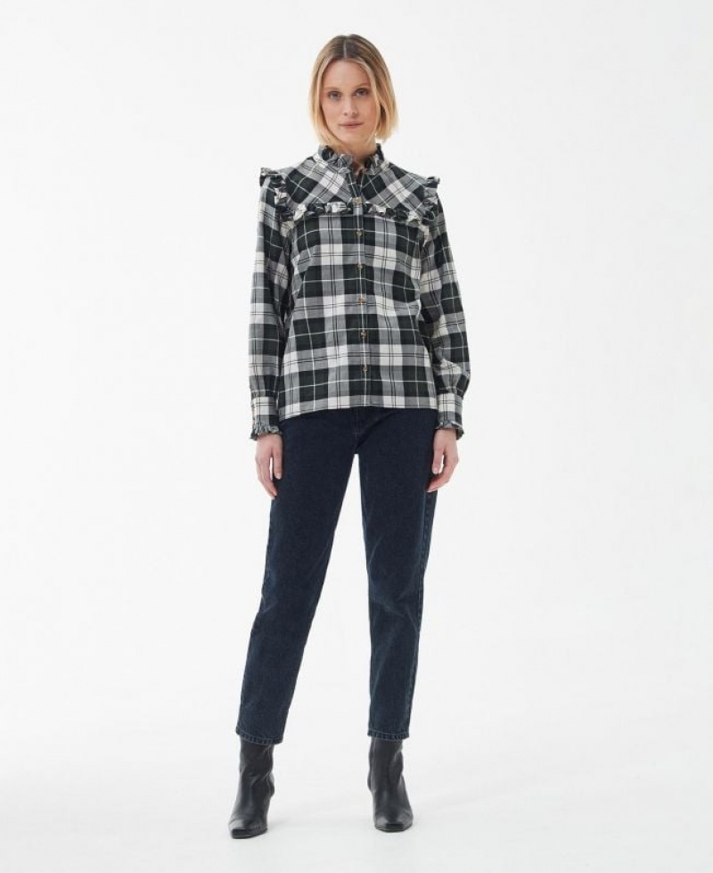 Dark Green / White Women Barbour Angelina Shirts | US-2517JOXGU