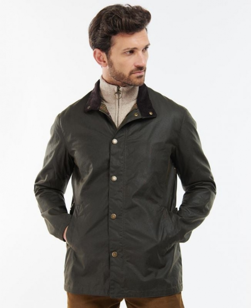 Dark Olive Men Barbour Evelar Waxed Jacket | US-0527NRHQM