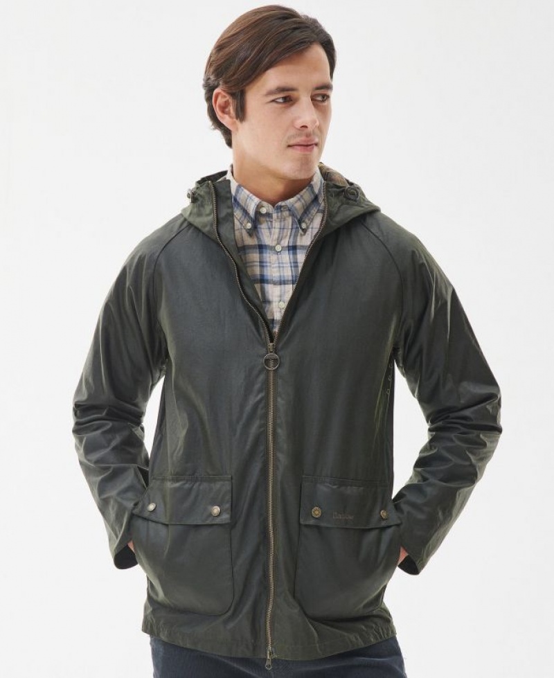 Dark Olive Men Barbour Short Hooded Bedale Waxed Jacket | US-6175FNICV