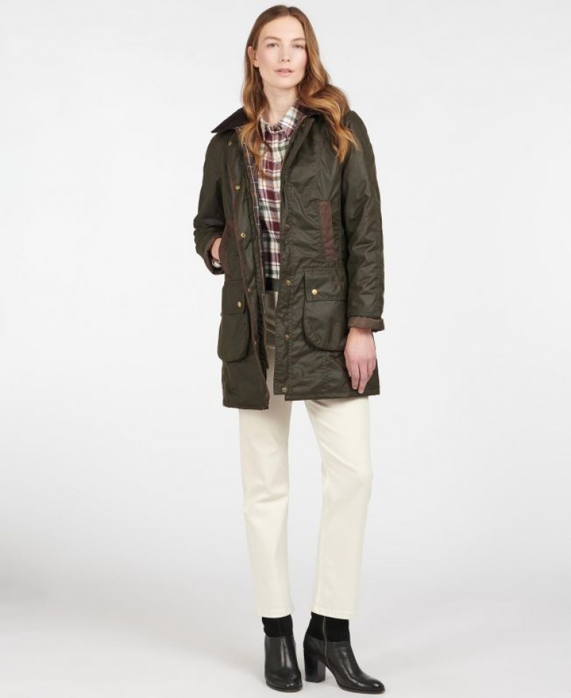 Dark Olive Women Barbour Bower Waxed Jacket | US-9803DGKUN