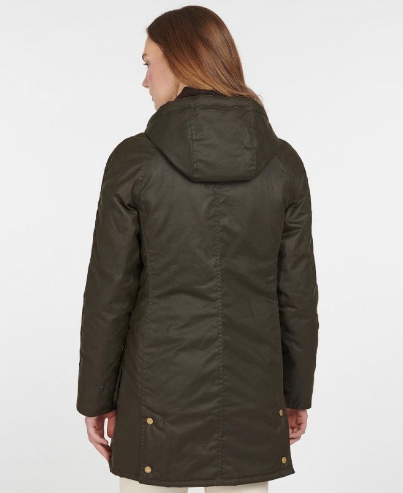 Dark Olive Women Barbour Bower Waxed Jacket | US-9803DGKUN