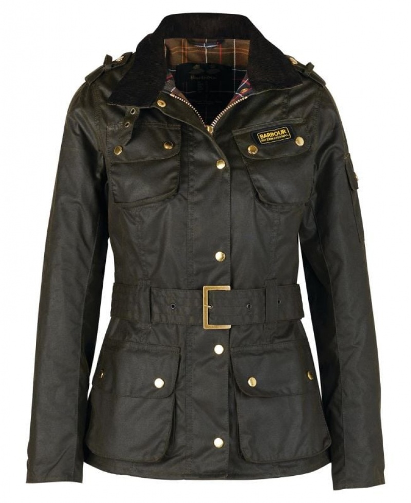 Dark Olive Women Barbour International Ladies Waxed Jacket | US-7293KVTUB