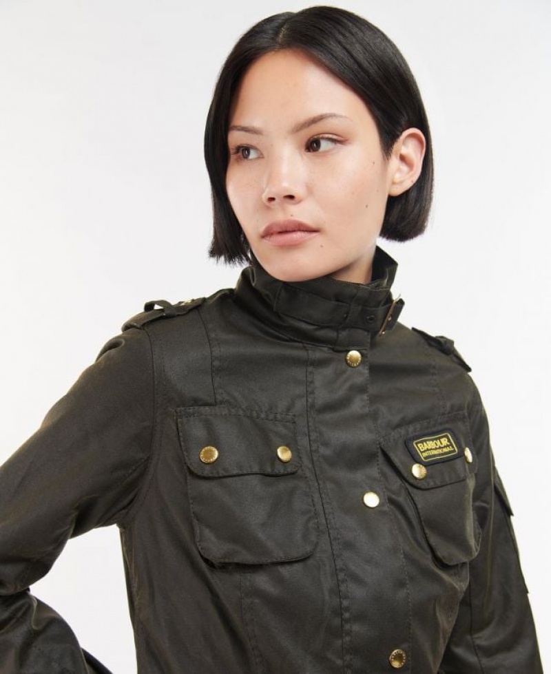 Dark Olive Women Barbour International Ladies Waxed Jacket | US-7293KVTUB