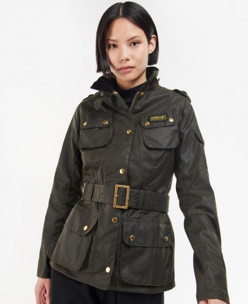 Dark Olive Women Barbour International Ladies Waxed Jacket | US-7293KVTUB