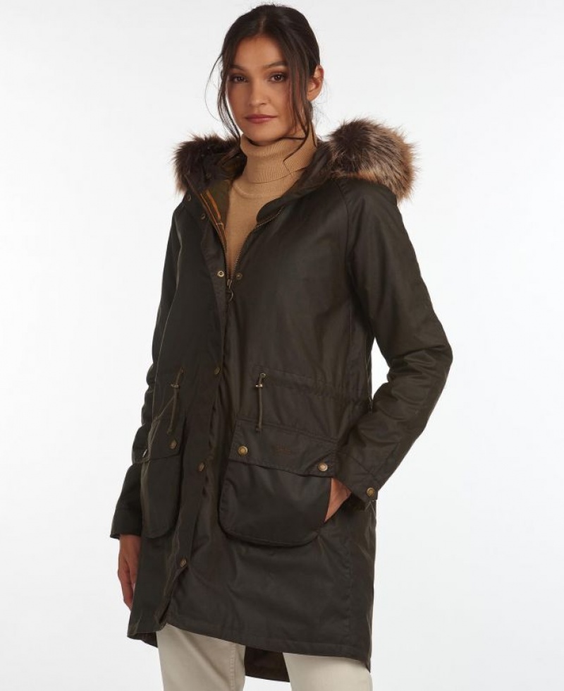 Dark Olive Women Barbour Mull Cotton Waxed Jacket | US-4859UJCWR