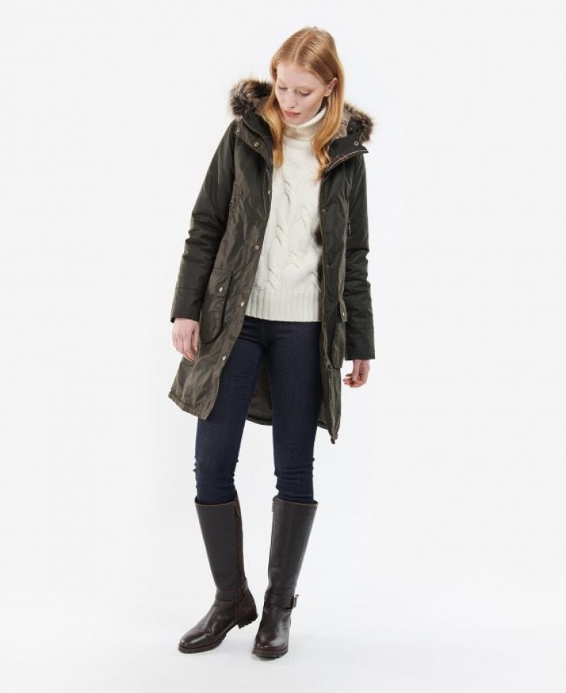 Dark Olive Women Barbour Stavia Waxed Jacket | US-7614RISMJ