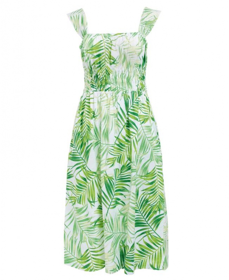 Green / White Women Barbour Plumeria Midi Dress | US-3527AYCQW