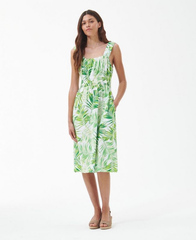 Green / White Women Barbour Plumeria Midi Dress | US-3527AYCQW