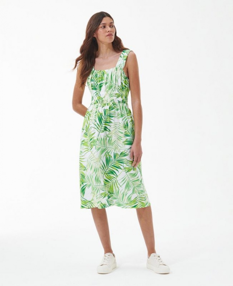 Green / White Women Barbour Plumeria Midi Dress | US-3527AYCQW