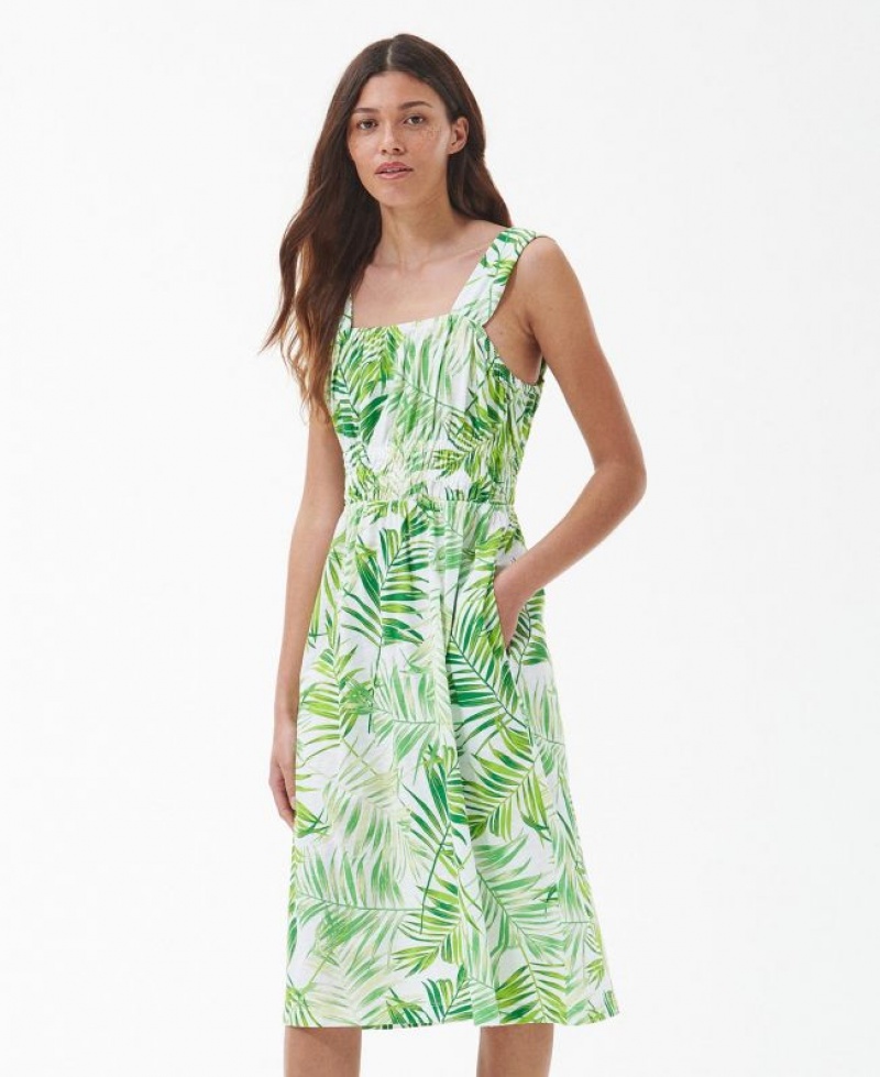 Green / White Women Barbour Plumeria Midi Dress | US-3527AYCQW