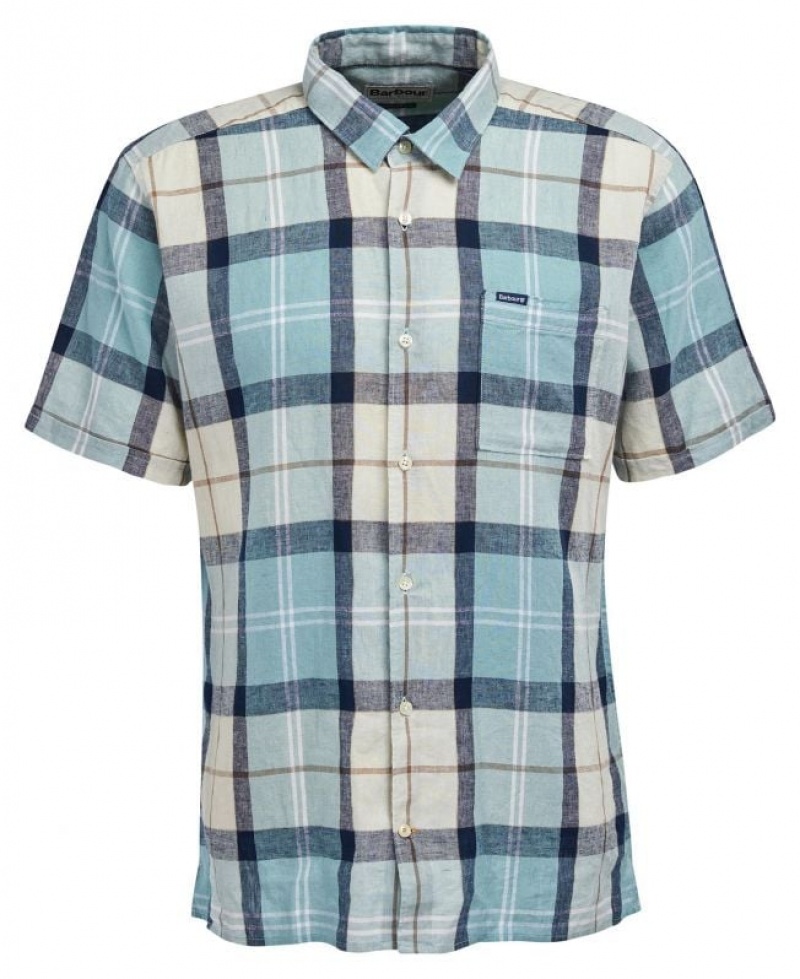 Light Turquoise / White Men Barbour Croft Short Sleeve Summer Shirts | US-4167ISQFR