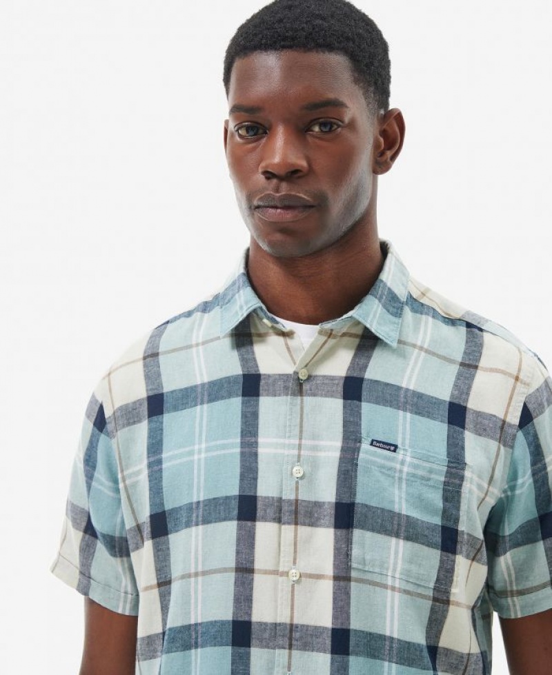 Light Turquoise / White Men Barbour Croft Short Sleeve Summer Shirts | US-4167ISQFR